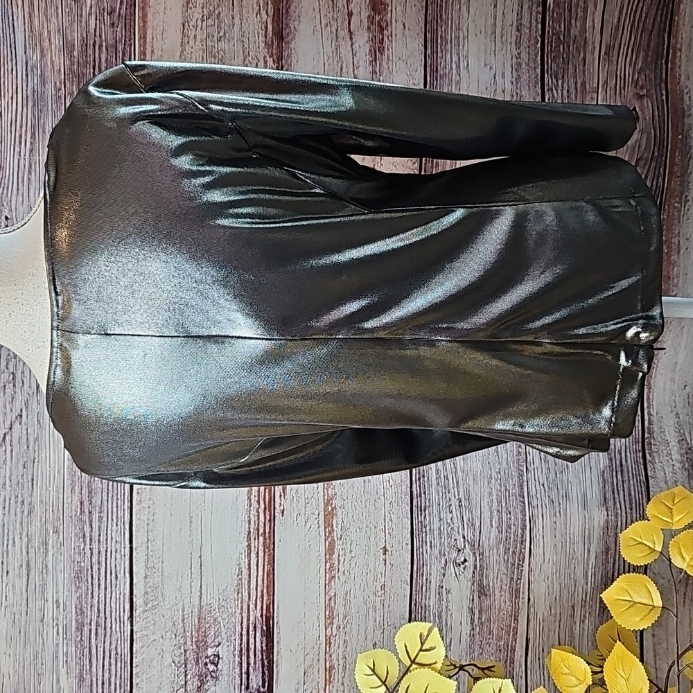 NEW JACKIE JON SILVER METALLIC DRAPED NECK LONG SLEEVE PULLOVER BLOUSE - Picture 5 of 11